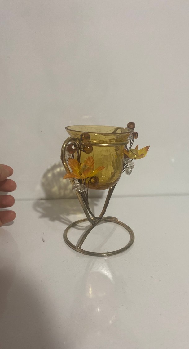 Sarı Cam Mumluk Çiçek Detaylı - Görsel 2