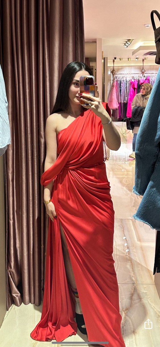 Kadın Kırmızı Drapeli Uzun Abiye Elbise - Görsel 2