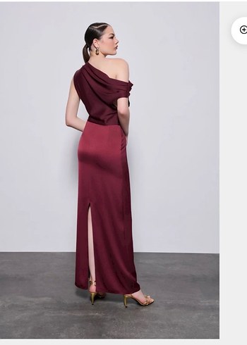 Bordo Drapeli Uzun Abiye Elbise - Görsel 3