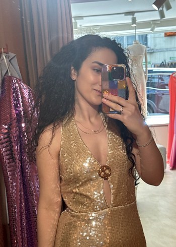 Parlak Altın Payetli Uzun Abiye Elbise - Görsel 4