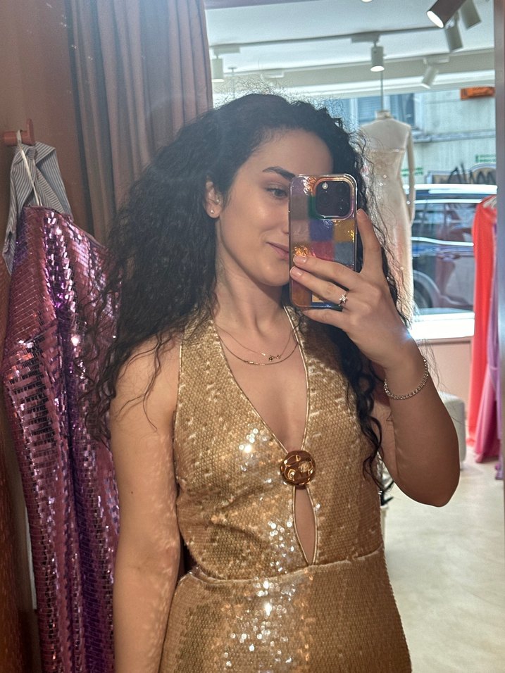 Parlak Altın Payetli Uzun Abiye Elbise - Görsel 4