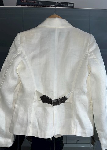 Kadın Beyaz Keten Düğmeli Midi Blazer - Görsel 5