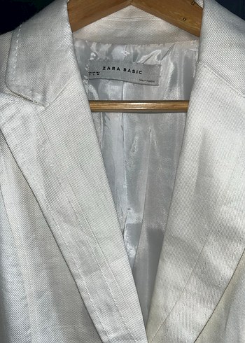 Kadın Beyaz Keten Düğmeli Midi Blazer - Görsel 3