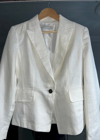 Kadın Beyaz Keten Düğmeli Midi Blazer - Görsel 2