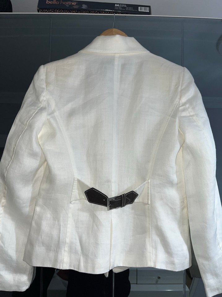 Kadın Beyaz Keten Düğmeli Midi Blazer - Görsel 5