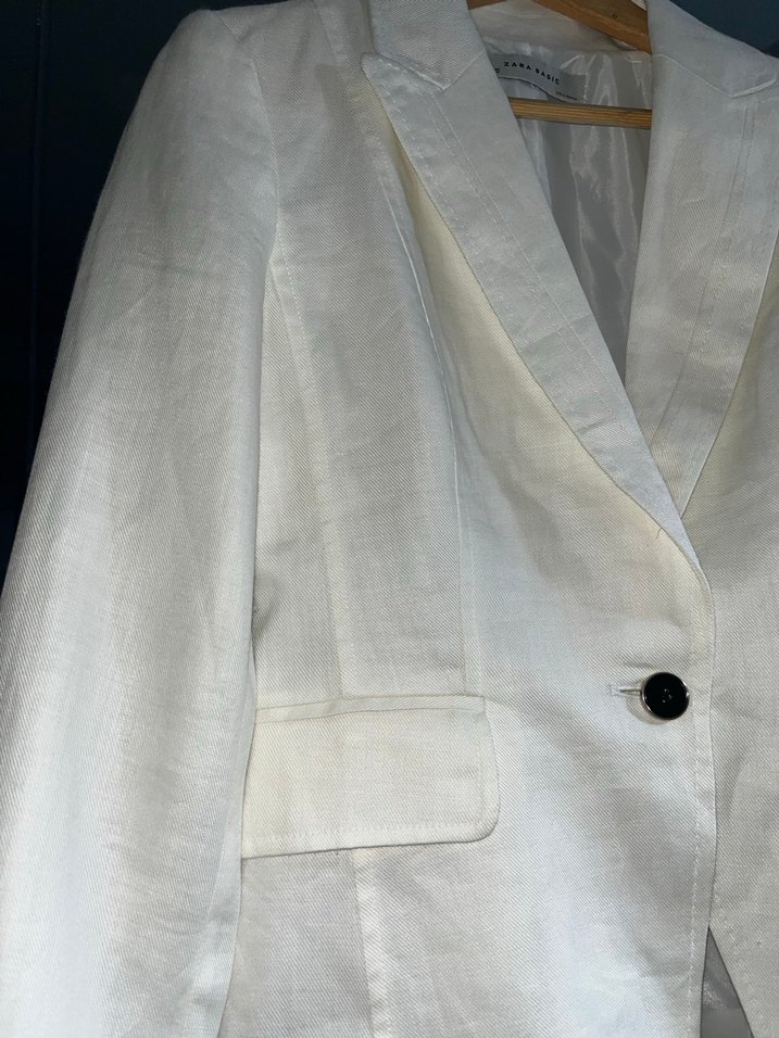 Kadın Beyaz Keten Düğmeli Midi Blazer - Görsel 4