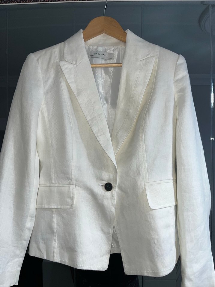 Kadın Beyaz Keten Düğmeli Midi Blazer - Görsel 2