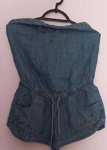 Nakışlı Kot Mini Tulum, Bel Detaylı - Görsel 2