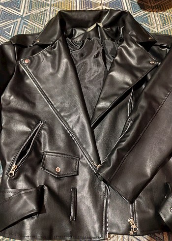 Siyah Kadın Deri Biker Ceket - Görsel 2