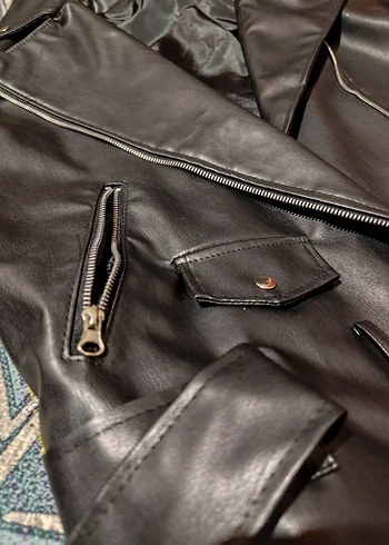 Siyah Kadın Deri Biker Ceket - Görsel 7