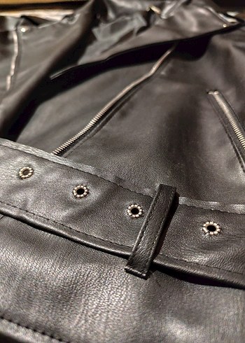 Siyah Kadın Deri Biker Ceket - Görsel 5