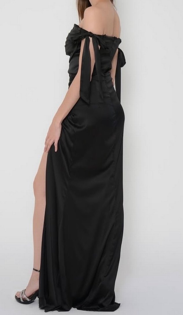 Askılı Siyah Uzun Drapeli saten Abiye Elbise - Görsel 2
