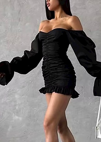 Siyah Straplez Drapeli Mini Elbise - Görsel 3