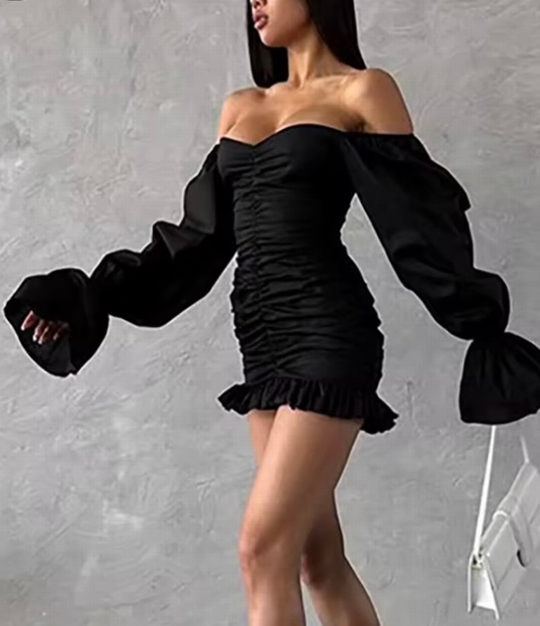 Siyah Straplez Drapeli Mini Elbise - Görsel 3