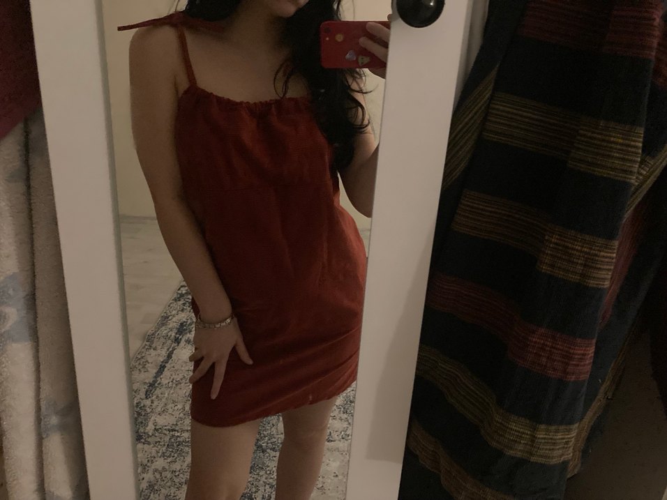 Kırmızı Drapeli Mini Kadife Elbise - Görsel 2