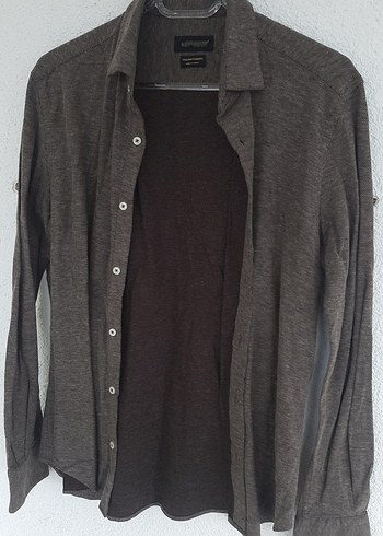 Kahve Gri  Keten Uzun Kollu Düğmeli Erkek Gömlek - Görsel 2