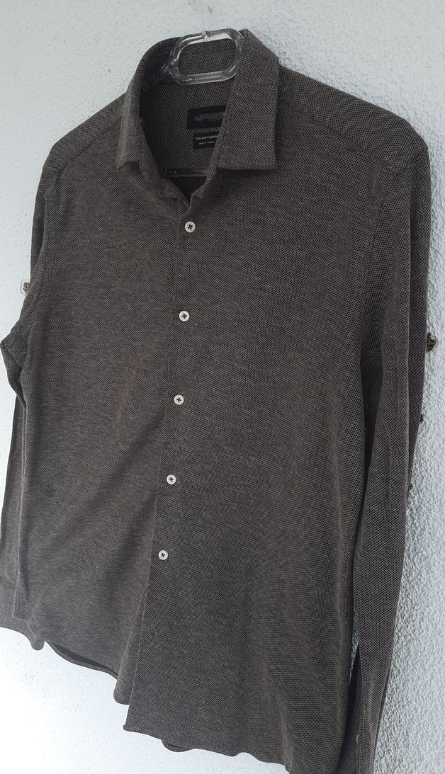 Kahve Gri  Keten Uzun Kollu Düğmeli Erkek Gömlek - Görsel 5