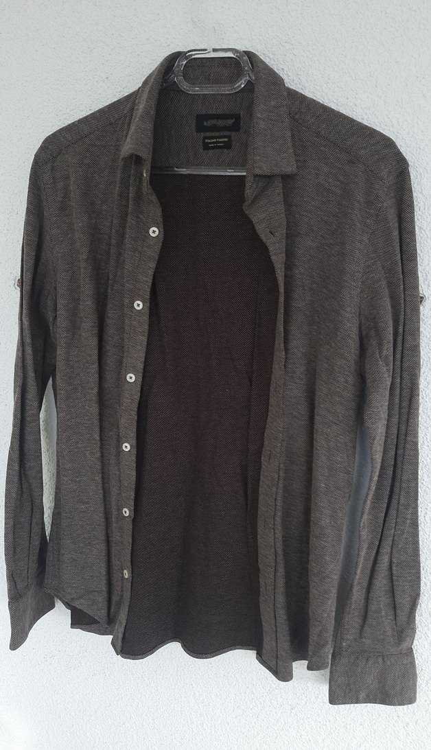 Kahve Gri  Keten Uzun Kollu Düğmeli Erkek Gömlek - Görsel 2