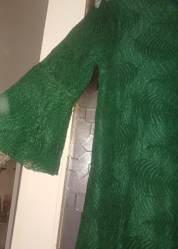 Yeşil yarim  Kollu Dantel Bohem Abiye Elbise - Görsel 3