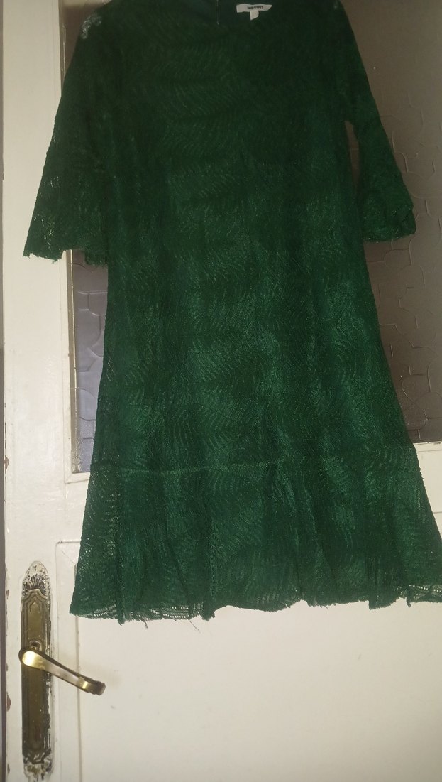 Yeşil yarim  Kollu Dantel Bohem Abiye Elbise - Görsel 5