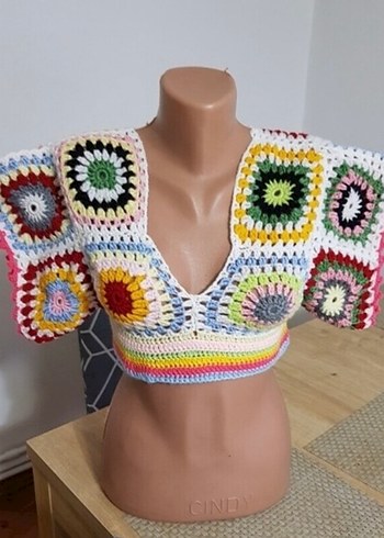 V Yaka Çok Renkli Örgü Bohem Crop Top