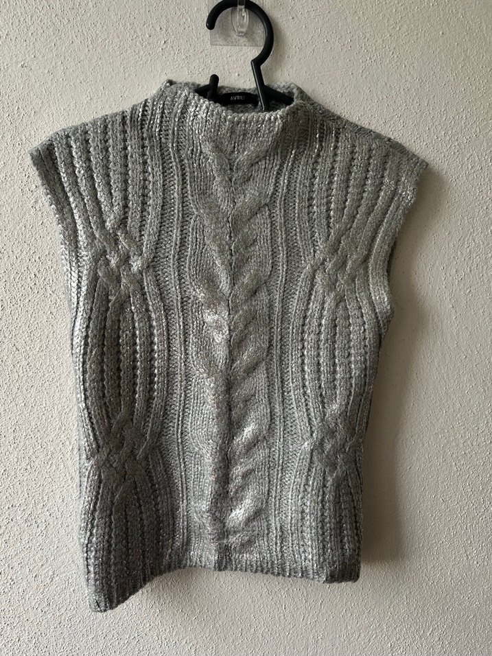 Gri Örgü Boğazlı Kolsuz Kadın Süveter - Görsel 2