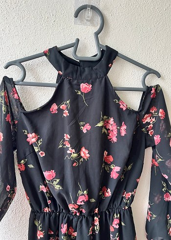 Çiçek Desenli Siyah Midi Elbise - Görsel 3