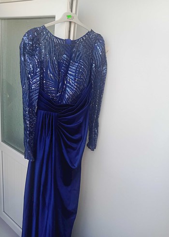 Uzun Kollu Mavi Drapeli Abiye Elbise - Görsel 3