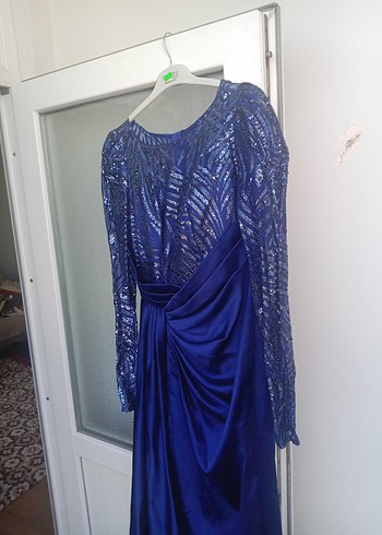 Uzun Kollu Mavi Drapeli Abiye Elbise - Görsel 2