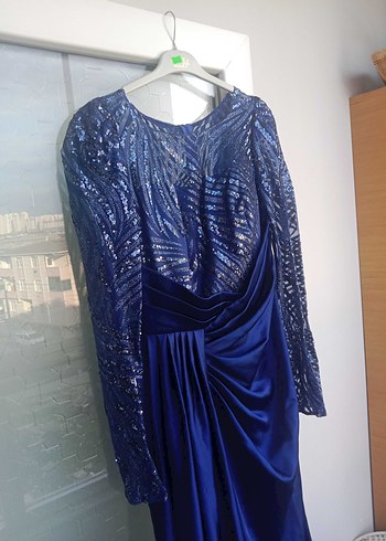 Uzun Kollu Mavi Drapeli Abiye Elbise - Görsel 5