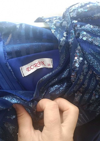 Uzun Kollu Mavi Drapeli Abiye Elbise - Görsel 6