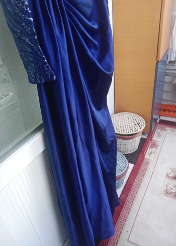 Uzun Kollu Mavi Drapeli Abiye Elbise - Görsel 4