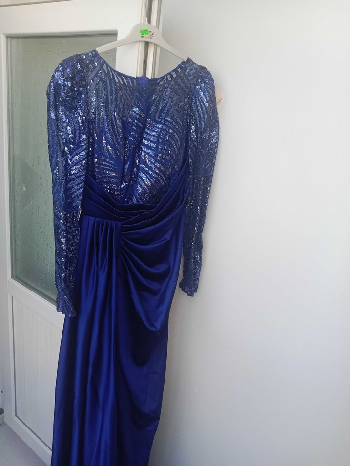 Uzun Kollu Mavi Drapeli Abiye Elbise - Görsel 3