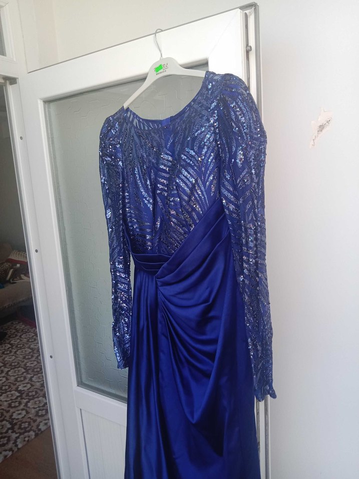 Uzun Kollu Mavi Drapeli Abiye Elbise - Görsel 2