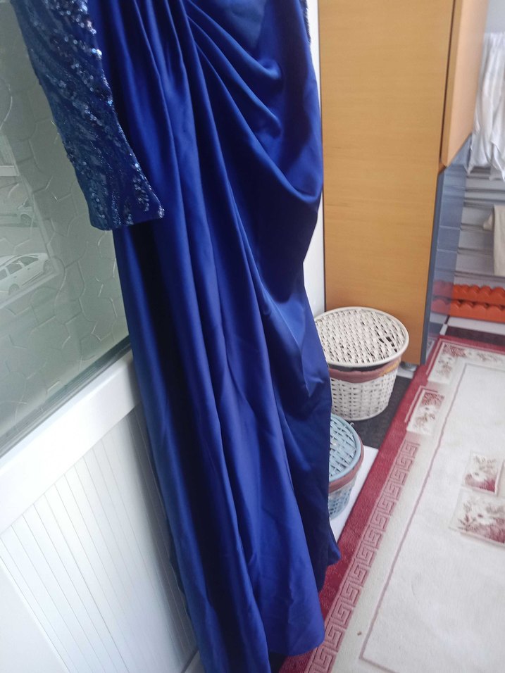 Uzun Kollu Mavi Drapeli Abiye Elbise - Görsel 4