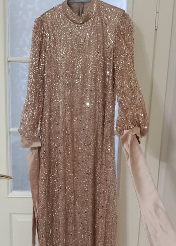 Bej Parlak Uzun Kollu Kadın Abiye Elbise - Görsel 2