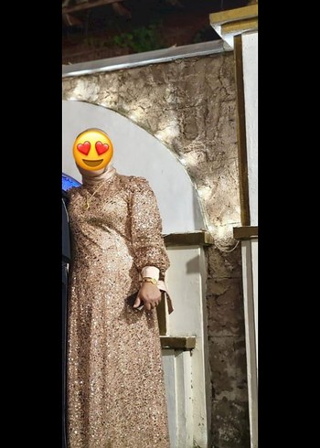 Bej Parlak Uzun Kollu Kadın Abiye Elbise - Görsel 5