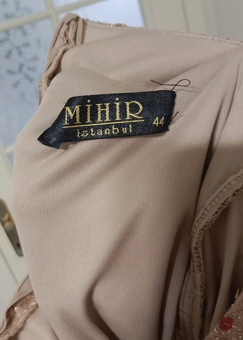 Bej Parlak Uzun Kollu Kadın Abiye Elbise - Görsel 4