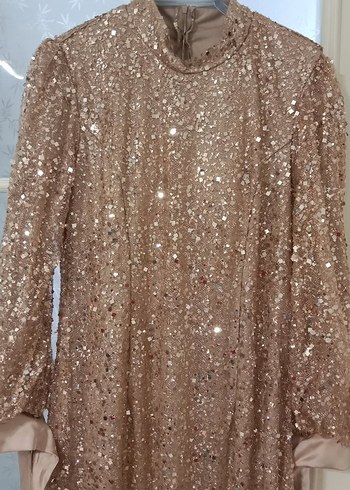 Bej Parlak Uzun Kollu Kadın Abiye Elbise - Görsel 3