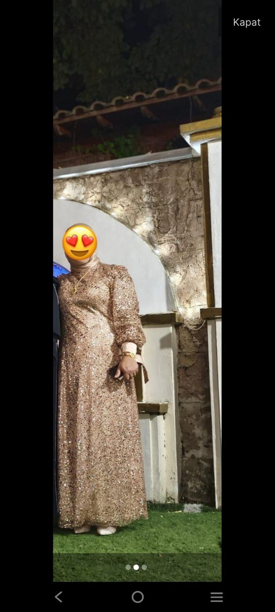 Bej Parlak Uzun Kollu Kadın Abiye Elbise - Görsel 5