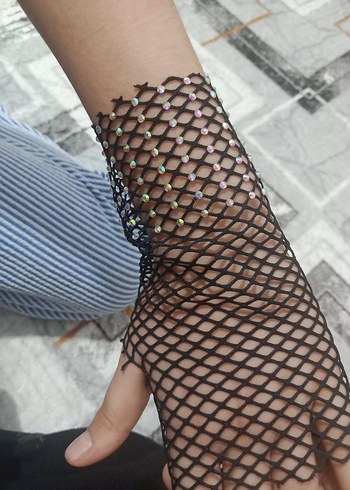 Siyah Parlak Dantel Örgü Gotik Eldiven - Görsel 4