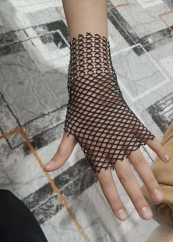 Siyah Parlak Dantel Örgü Gotik Eldiven - Görsel 2