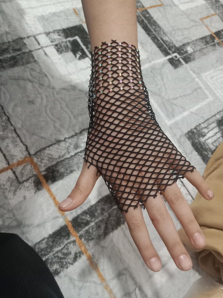 Siyah Parlak Dantel Örgü Gotik Eldiven - Görsel 2