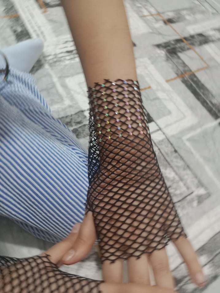 Siyah Parlak Dantel Örgü Gotik Eldiven - Görsel 3