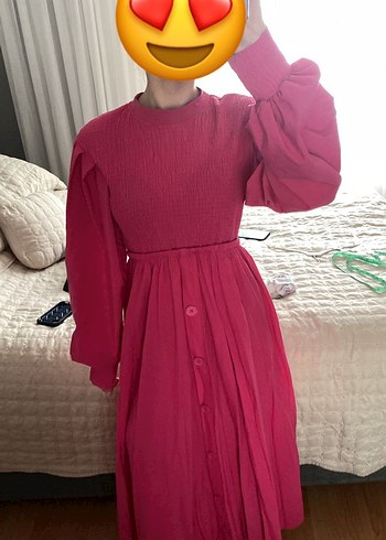 Pembe Drapeli Uzun Keten Elbise - Görsel 2