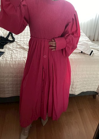 Pembe Drapeli Uzun Keten Elbise - Görsel 3