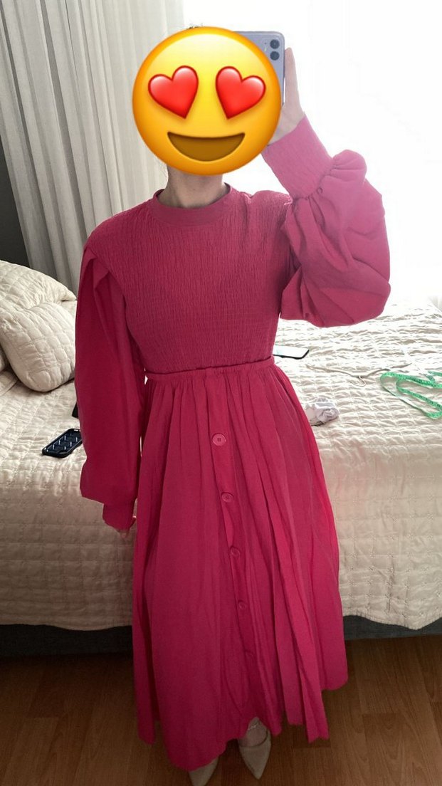 Pembe Drapeli Uzun Keten Elbise - Görsel 2