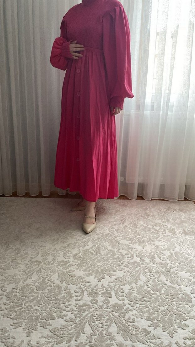 Pembe Drapeli Uzun Keten Elbise - Görsel 4