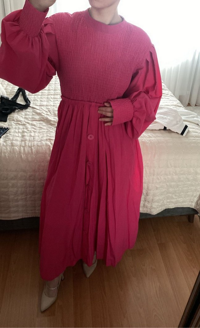 Pembe Drapeli Uzun Keten Elbise - Görsel 3