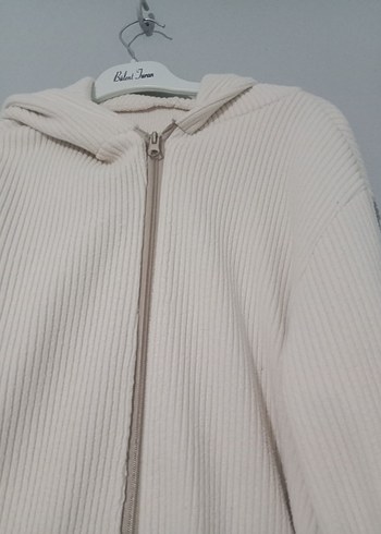 Kapüşonlu, Fermuarlı Beyaz Uzun Kadın hırka - Görsel 3